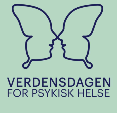 Plakat frå Verdensdagen for psykisk helse. To anlete ser mot kvarandre i siluett, saman lager dei ein sommarfugl.