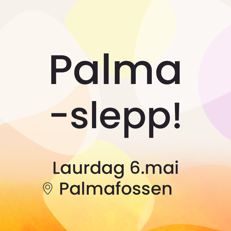 Arrangementsbilde til Palmaslepp. Ornamenter i bakgrunn, og i front står teksten "Palmaslepp, Laurdag 6.mai (ikon av lokasjon) Palmafossen.