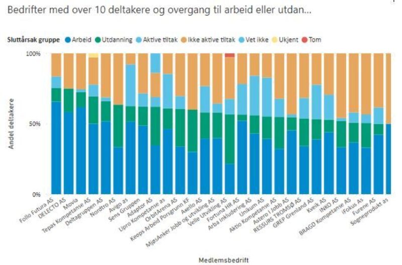 Bedrifter med over 10 deltakere og overgang til arbeid og utdanning