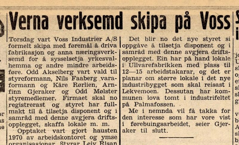 Avisklypp frå Avisa Hordaland i 1973, med tittelen "Verna verksemd skipa på Voss".